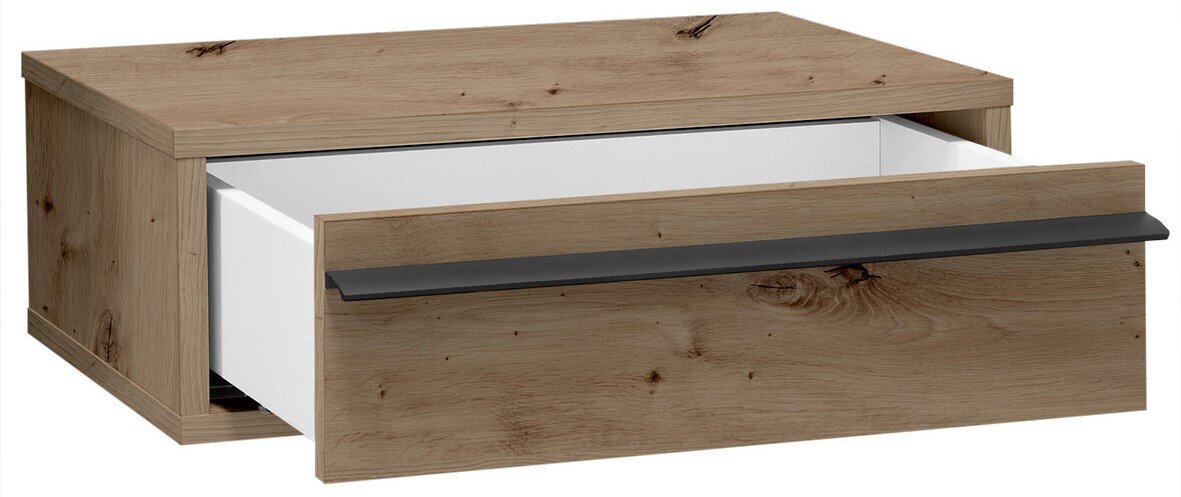 Holz-Nachttisch mit einer Schublade in Eichenoptik, Schublade teilweise geöffnet mit weißem Innenraum und schwarzer Griffleiste, Ansicht schräg von vorne