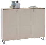 Moderner XL-Schuhschrank mit drei Türen in Beige, dekoriert mit Vasen und Büchern, aus frontaler Perspektive.