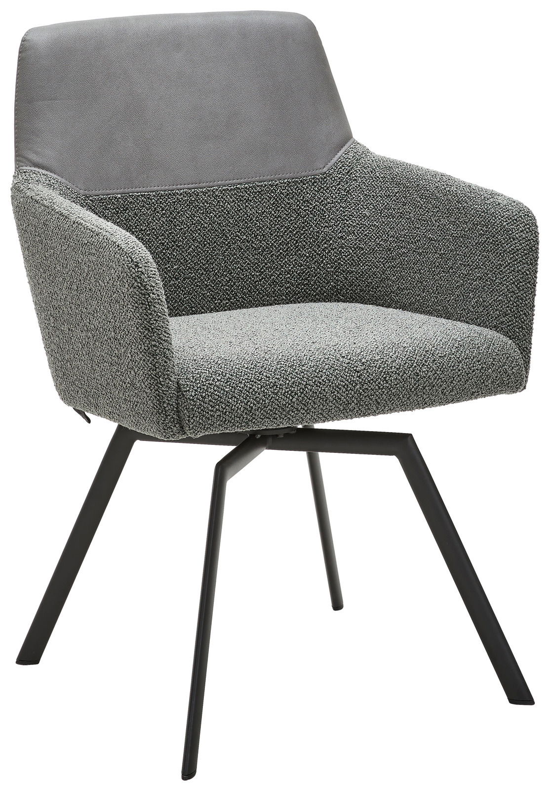 Venjakob Sessel GRANT Moderner grauer Sessel mit gepolsterter Sitzfläche und Rückenlehne, schwarzes Metallgestell, seitliche Perspektive.