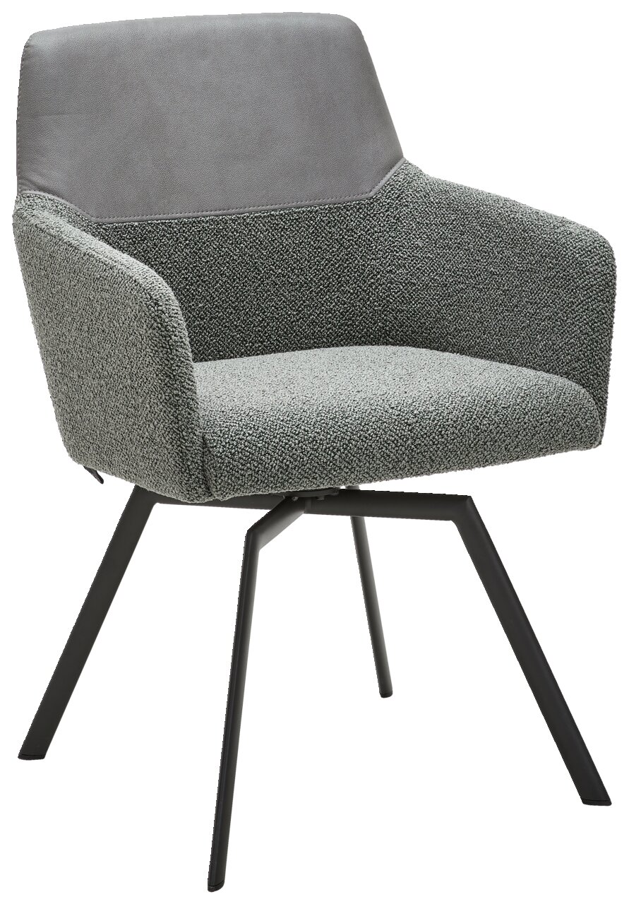 Venjakob Sessel GRANT Moderner grauer Sessel mit gepolsterter Sitzfläche und Rückenlehne, schwarzes Metallgestell, seitliche Perspektive.