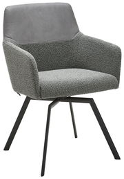 Moderner grauer Sessel mit gepolsterter Sitzfläche und Rückenlehne, schwarzes Metallgestell, seitliche Perspektive.