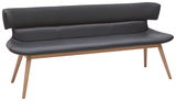 Moderne Bank mit dunklem Polster und Holzbeinen, seitliche Perspektive