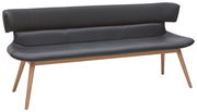 Moderne Bank mit dunklem Polster und Holzbeinen, seitliche Perspektive
