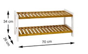 Zweistöckiges Schuhregal aus Bambus mit weißem Rahmen, 70 x 26 x 34 cm, in schräger Frontansicht mit Maßangaben