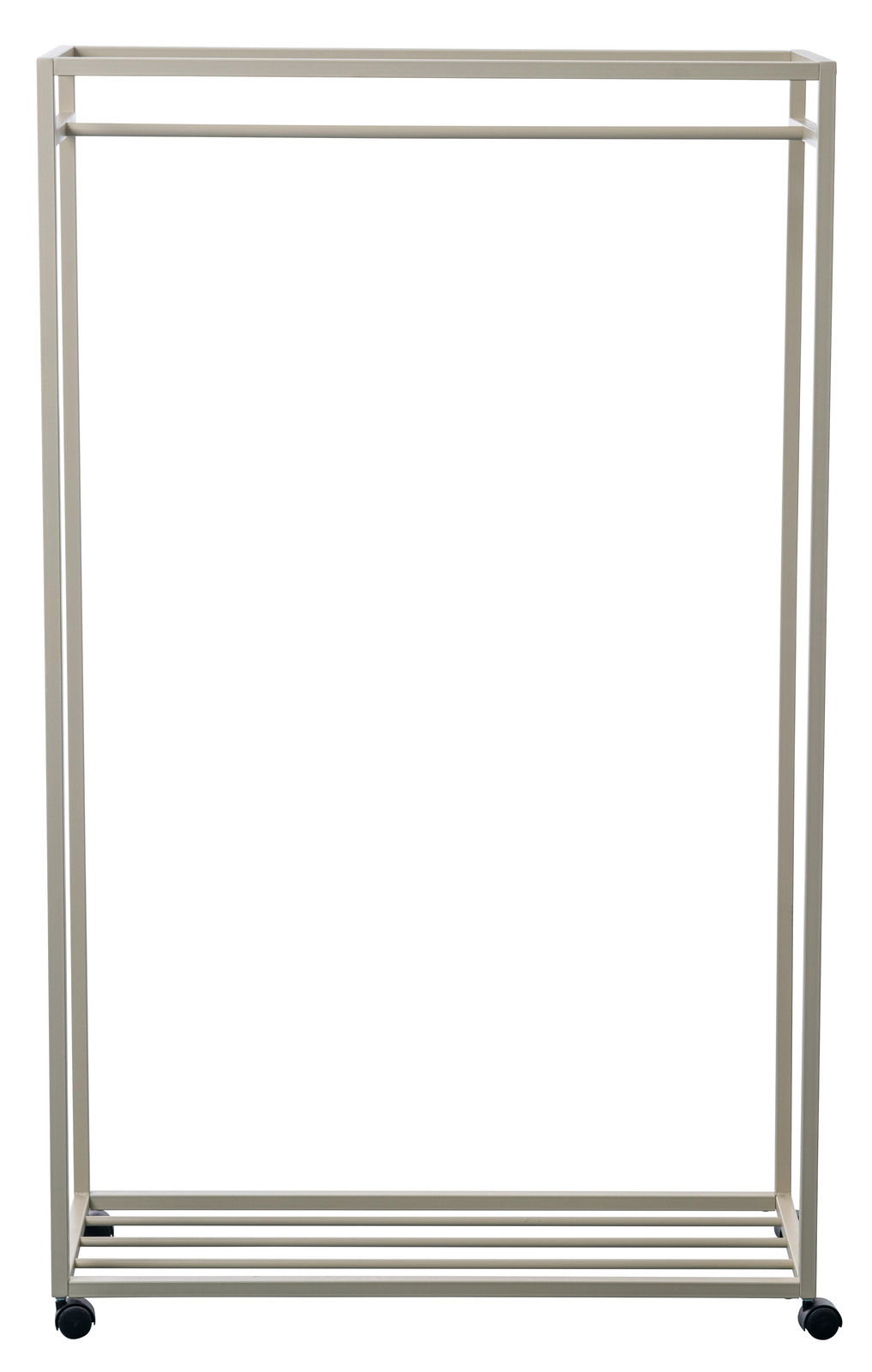 Moderner Garderobenwagen aus Metall mit Rollen, frontal abgebildet.