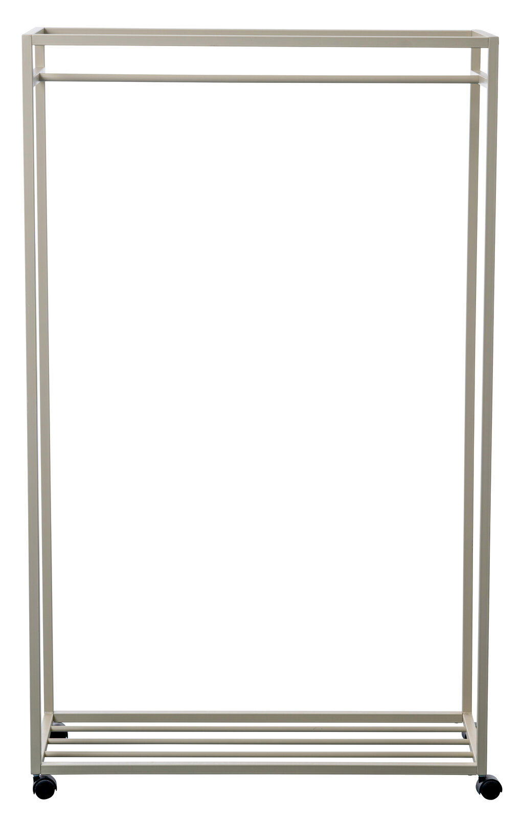 Moderner Garderobenwagen aus Metall mit Rollen, frontal abgebildet.