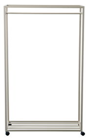 Moderner Garderobenwagen aus Metall mit Rollen, frontal abgebildet.