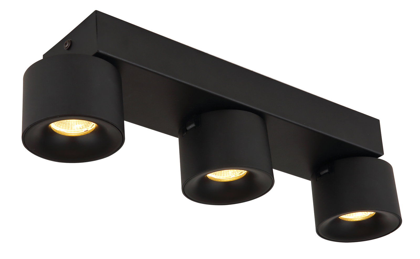 Schwarzer LED Strahler mit drei zylindrischen Leuchten, seitliche Perspektive