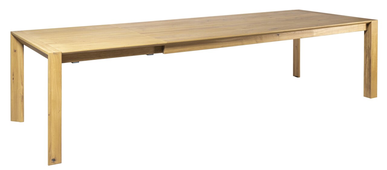 Holzesstisch in rechteckiger Form, ausziehbar, aus hellem Holz, seitliche Perspektive