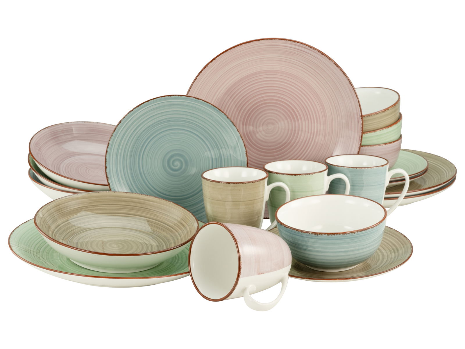 Creatable Kombiservice 20-tlg. SAMBA Kombiservice Samba 20-tlg. in verschiedenen Pastellfarben, bestehend aus Tellern, Schalen und Tassen, aus einer leicht seitlichen Perspektive fotografiert.