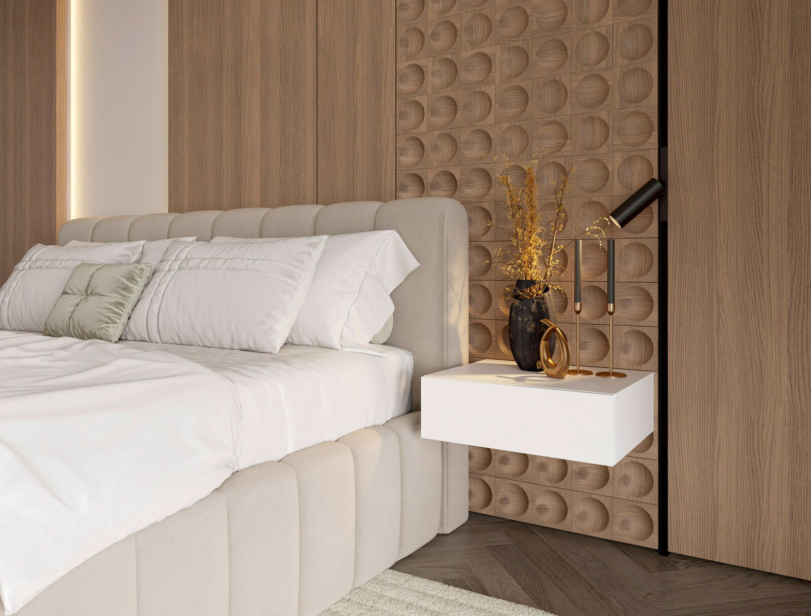 Hom´in Hängekonsole/Nachtkosole 50 NEWNIQ Moderne Hängekonsole in Weiß neben einem Bett, mit dekorativen Elementen darauf, aus seitlicher Perspektive fotografiert.