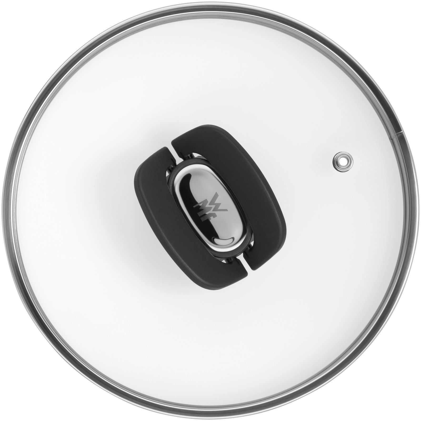 Topfdeckel aus Glas mit schwarzem Griff, Draufsicht