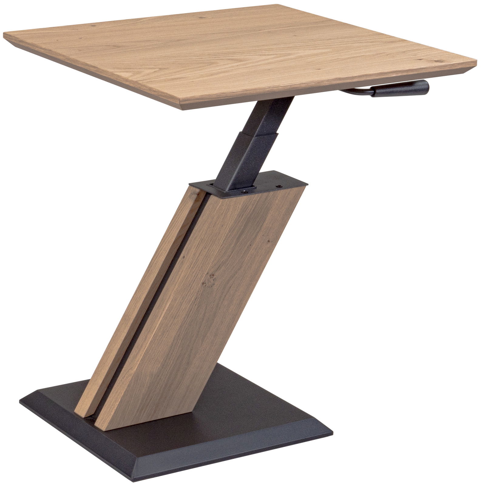 Moderner Beistelltisch aus Holz mit schrägem Metallgestell, seitliche Perspektive