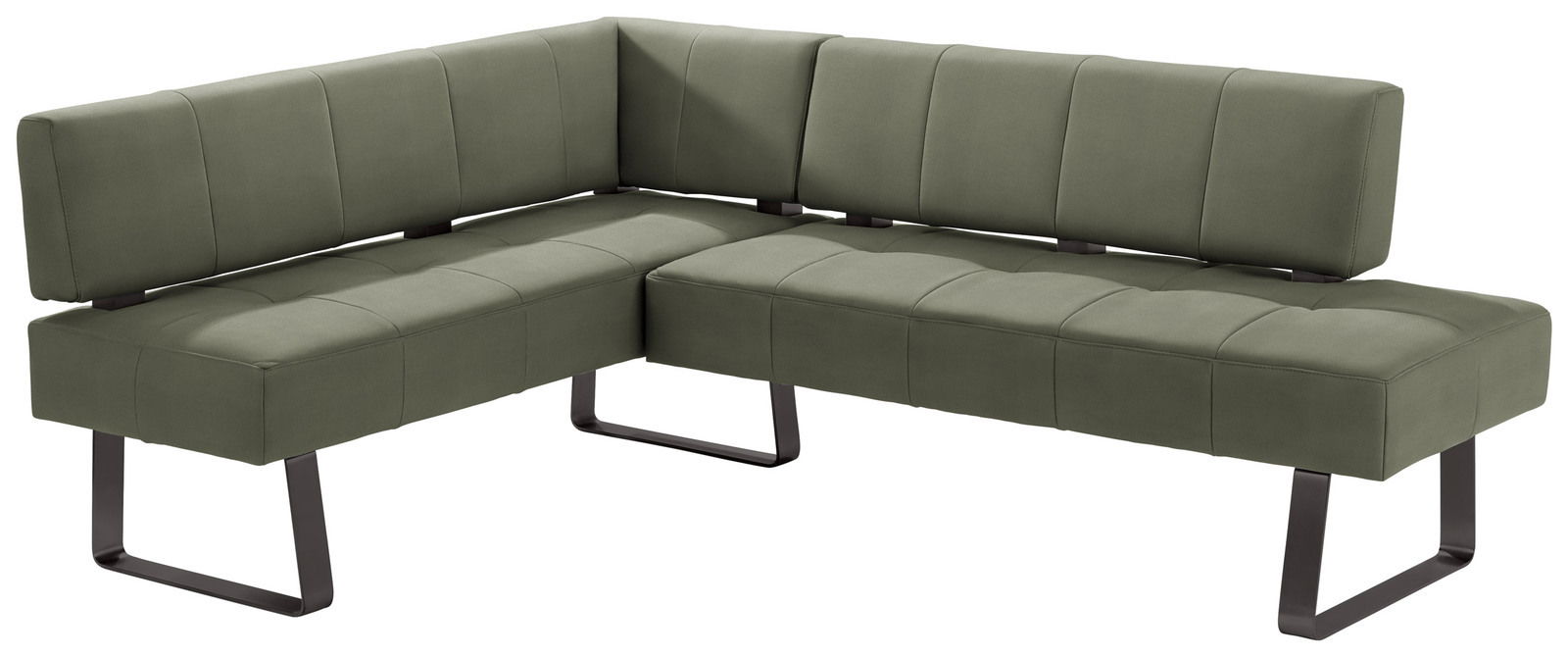 Grüne Eckbank mit modernem Design und Metallbeinen, seitliche Perspektive