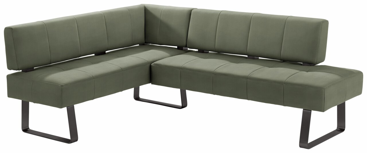 Grüne Eckbank mit modernem Design und Metallbeinen, seitliche Perspektive