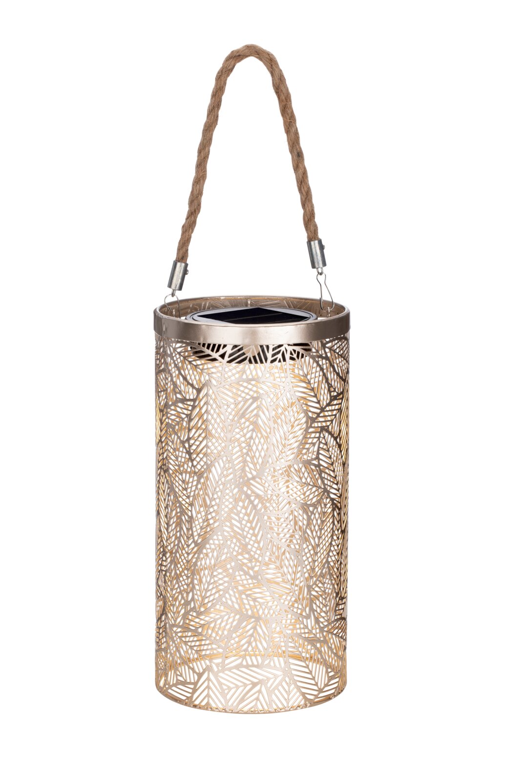 Zylindrische Solarleuchte mit filigranem Blattmuster und Seilgriff, seitliche Perspektive