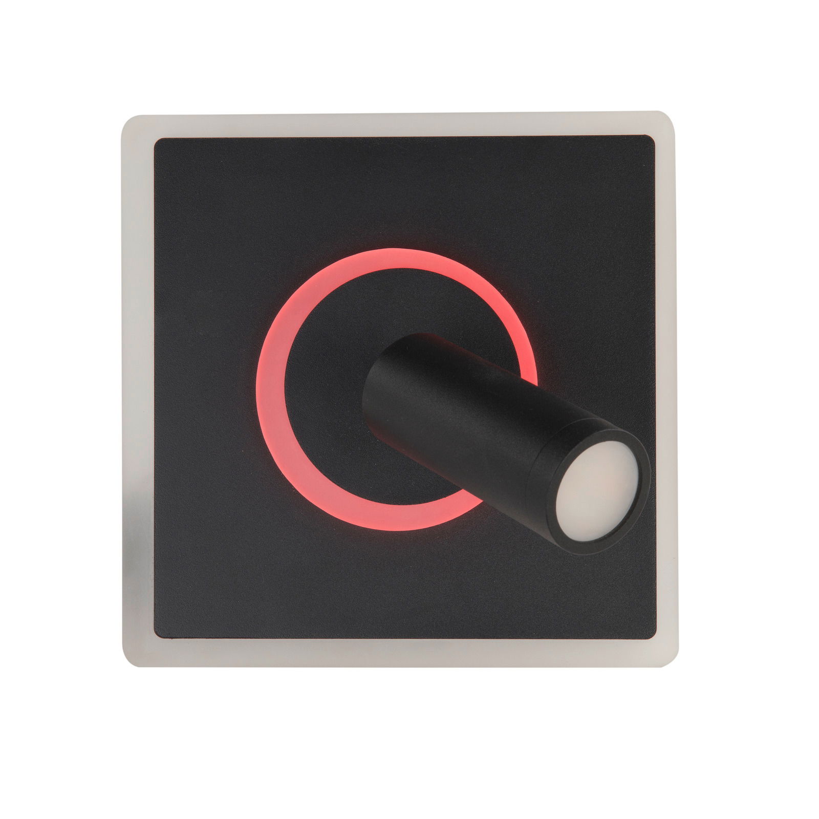 LED-Deckenleuchte Spark in quadratischer Form mit schwarzem Gehäuse und rotem Leuchtring, aus der Vogelperspektive betrachtet.