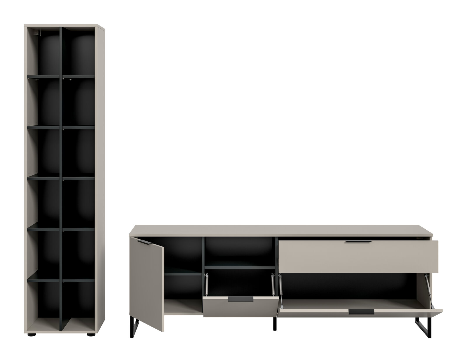 Modernes Möbel-Set aus hohem Regal und niedrigem Sideboard in Grau mit schwarzen Innenfächern und Metallfüßen; Türen und Klappen geöffnet, Frontansicht leicht schräg von vorn.