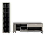 Modernes Möbel-Set aus hohem Regal und niedrigem Sideboard in Grau mit schwarzen Innenfächern und Metallfüßen; Türen und Klappen geöffnet, Frontansicht leicht schräg von vorn.