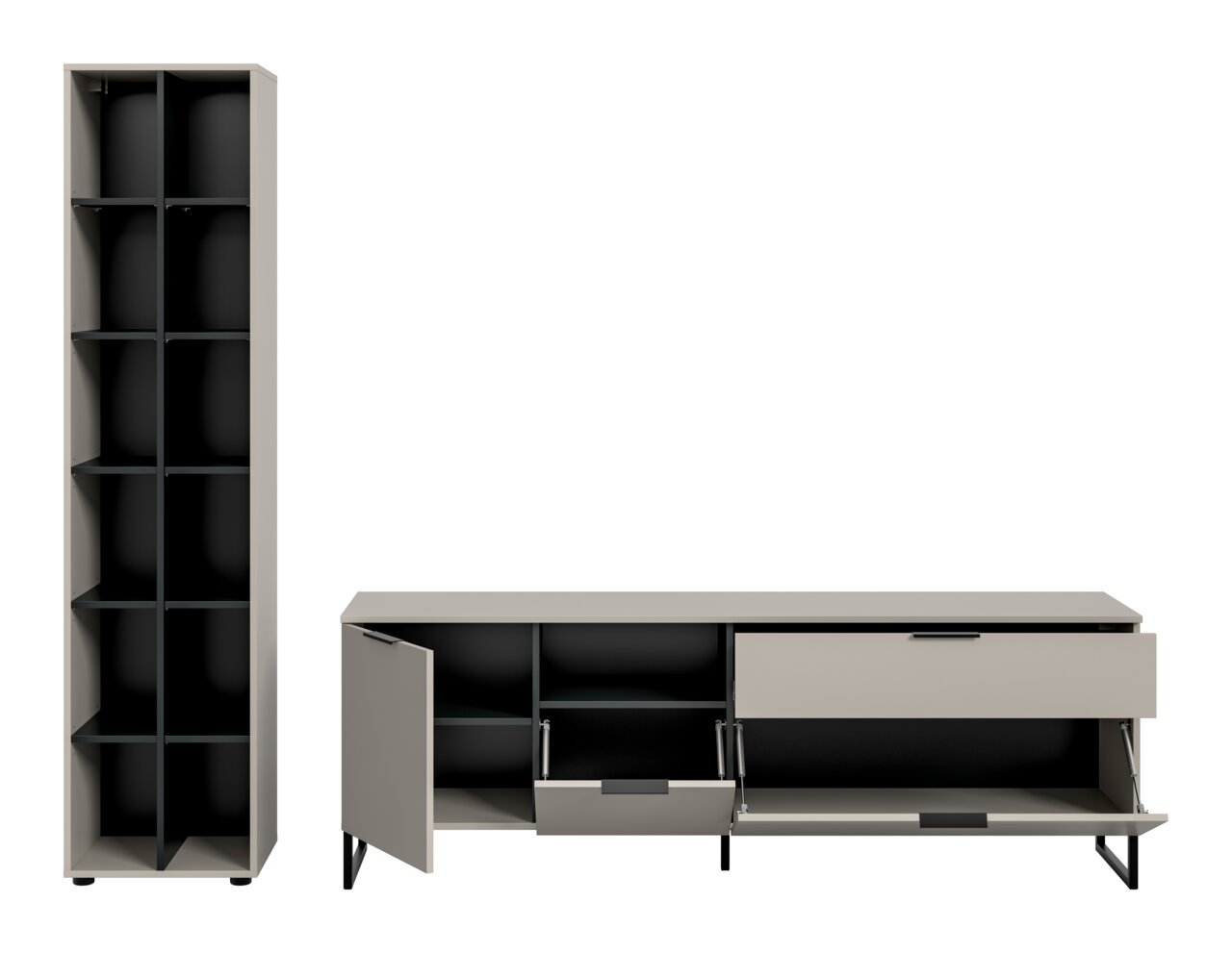Modernes Möbel-Set aus hohem Regal und niedrigem Sideboard in Grau mit schwarzen Innenfächern und Metallfüßen; Türen und Klappen geöffnet, Frontansicht leicht schräg von vorn.