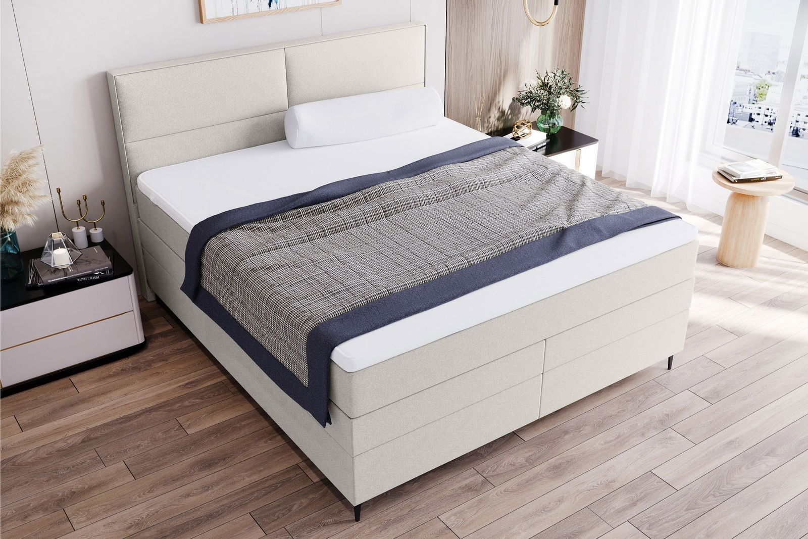 Boxspringbett in einem modernen Schlafzimmer, seitliche Perspektive