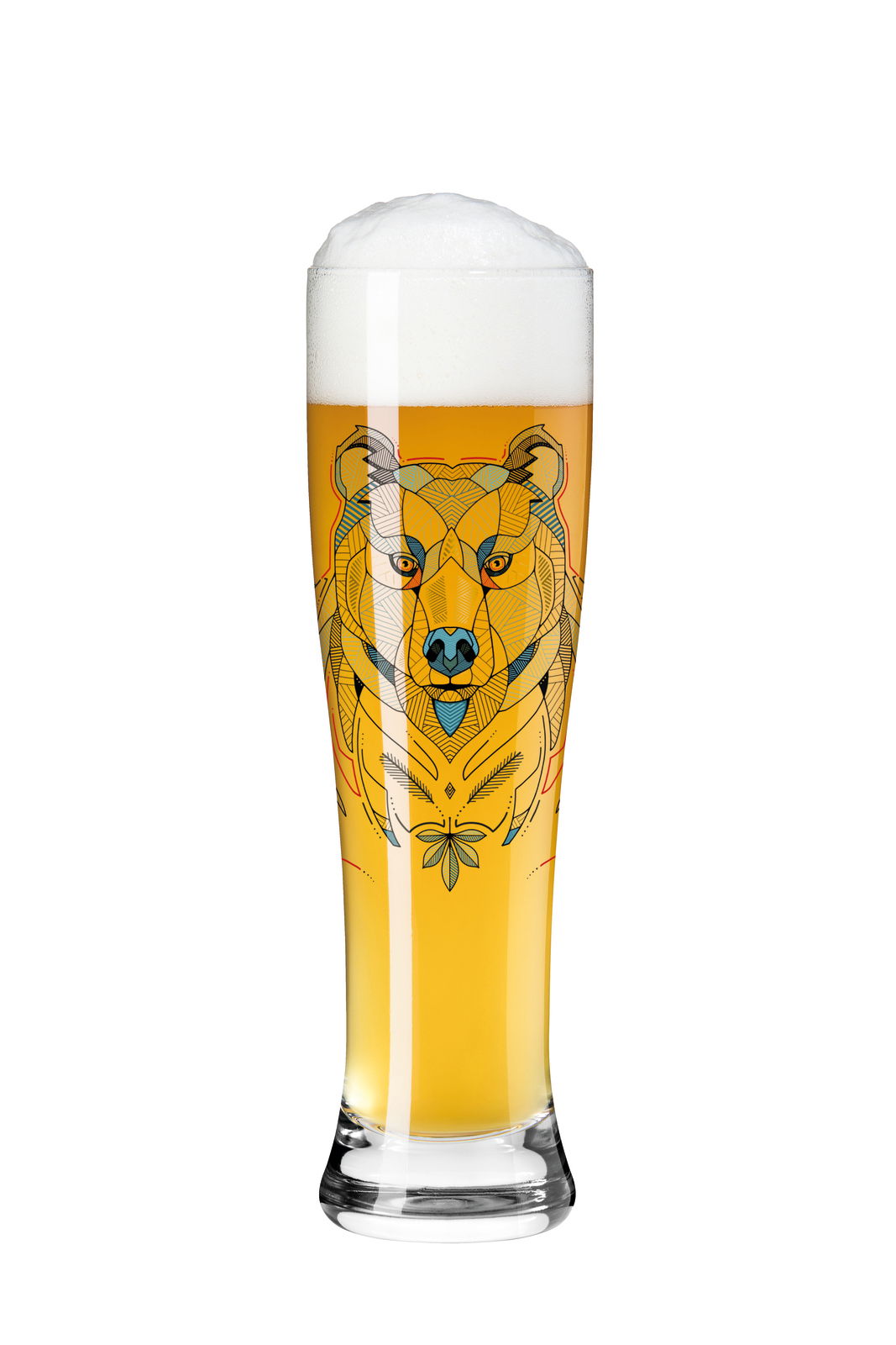 Weizenglas mit Bärenmotiv, gefüllt mit Bier und Schaumkrone, Frontalansicht