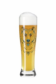 Weizenglas mit Bärenmotiv, gefüllt mit Bier und Schaumkrone, Frontalansicht