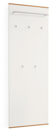 Garderobenpaneel mit weißer Oberfläche, fünf Haken und einer Kleiderstange, seitliche Perspektive