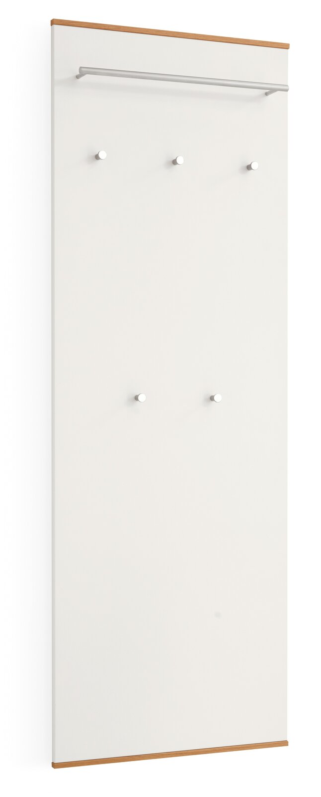 Garderobenpaneel mit weißer Oberfläche, fünf Haken und einer Kleiderstange, seitliche Perspektive