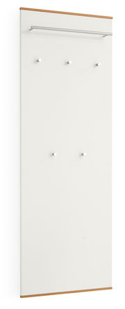 Garderobenpaneel mit weißer Oberfläche, fünf Haken und einer Kleiderstange, seitliche Perspektive