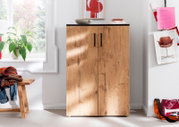 Schuhschrank aus Holz mit zwei Türen, schwarze Griffe, in einem hellen Raum mit Pflanzen und Dekorationen, Frontalansicht