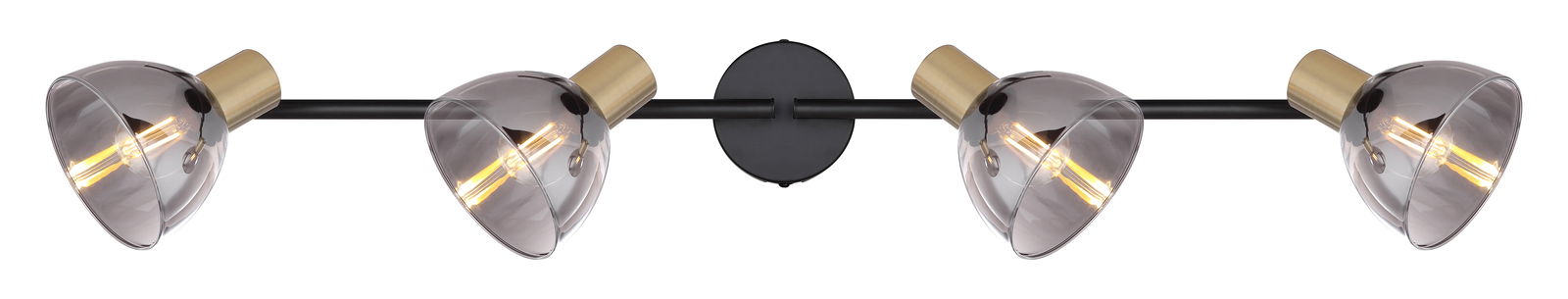 Vierflammiger Strahler aus Metall in Schwarz mit goldenen Akzenten, frontal abgebildet.