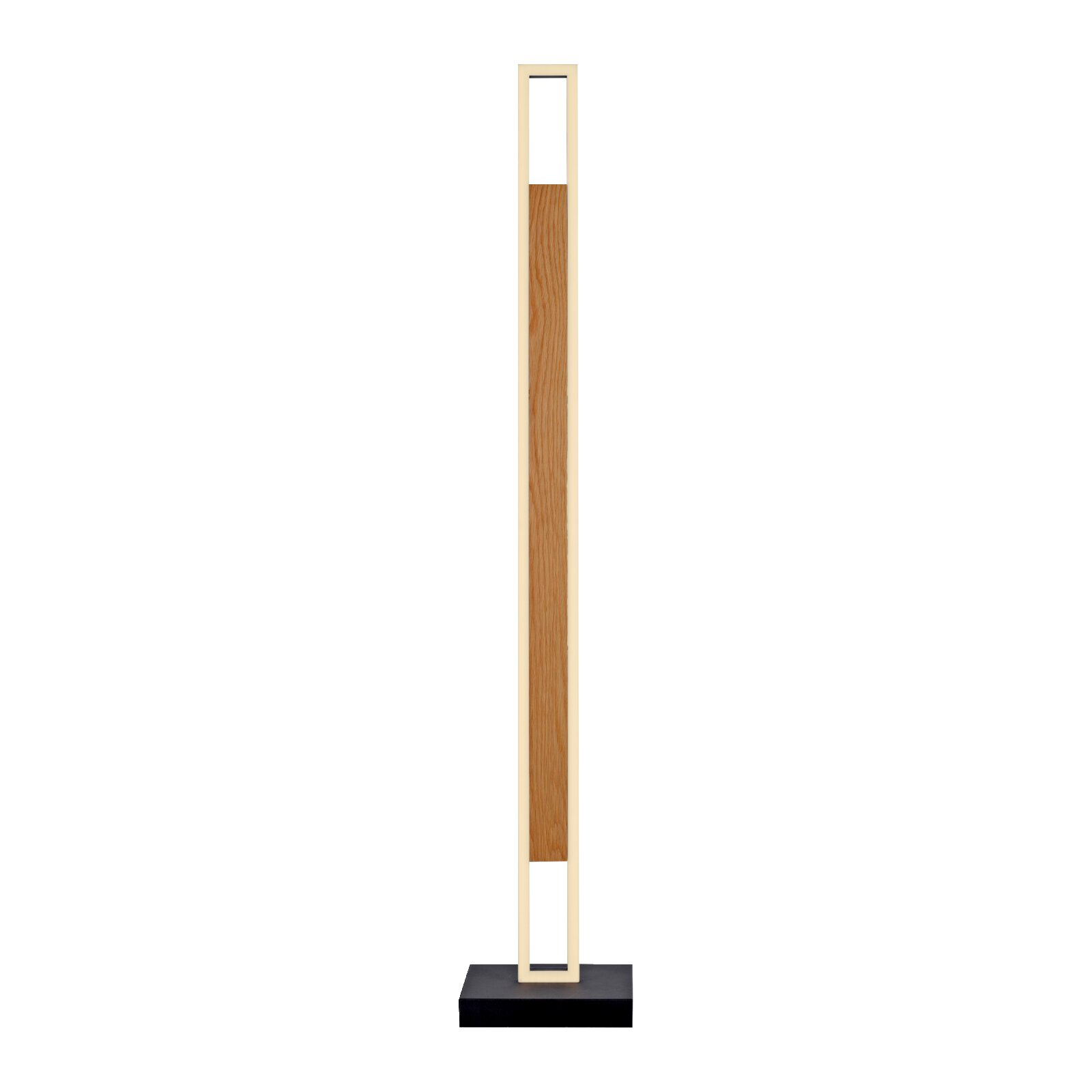 Minimalistische staande lamp met slank crèmekleurig frame, houten accent en zwarte rechthoekige voet, recht van voren weergegeven