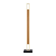 Minimalistische staande lamp met slank crèmekleurig frame, houten accent en zwarte rechthoekige voet, recht van voren weergegeven