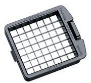 Vogelperspektive auf einen Zwiebel- und Gemüsewürfler mit scharfen Klingen und der Aufschrift 'THIS SIDE UP'.