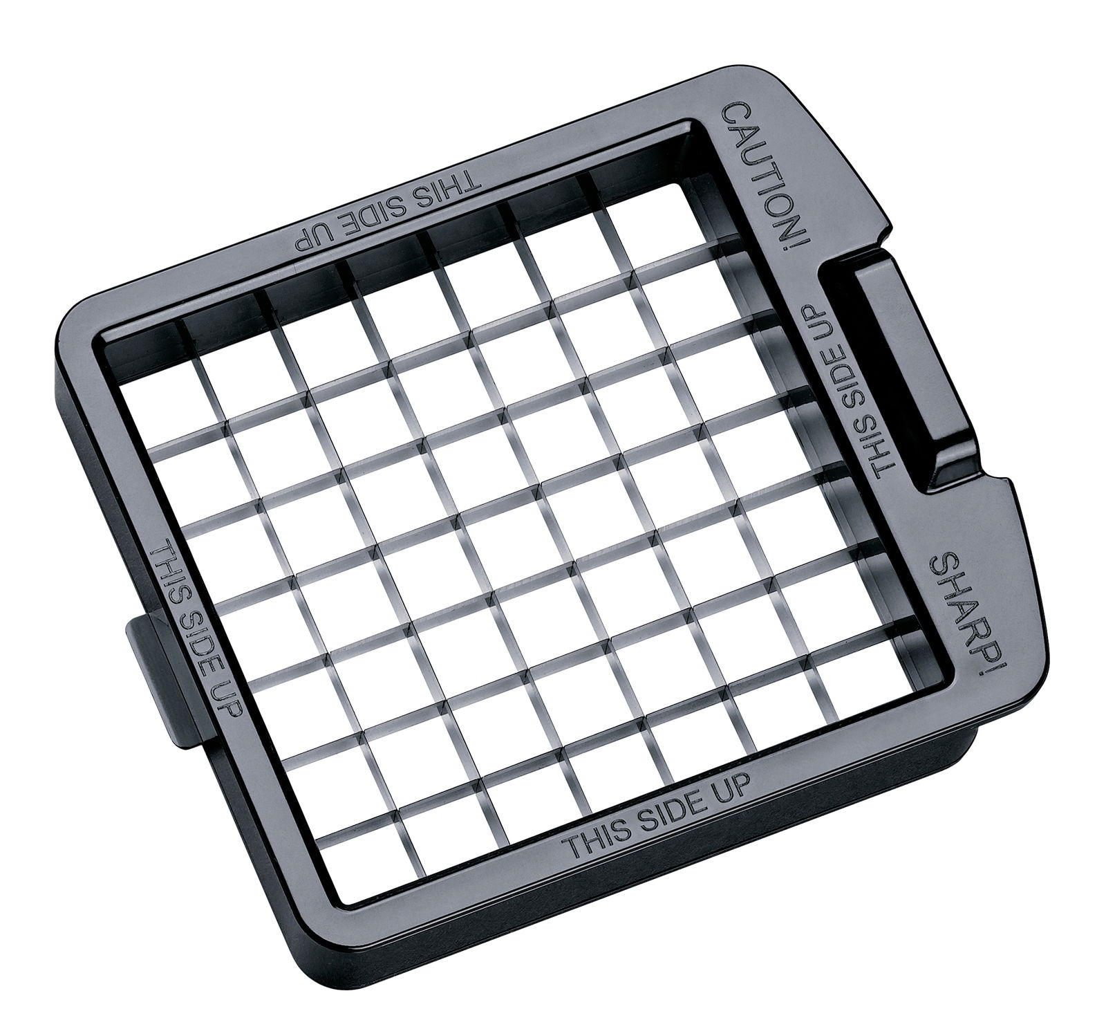 Vogelperspektive auf einen Zwiebel- und Gemüsewürfler mit scharfen Klingen und der Aufschrift 'THIS SIDE UP'.