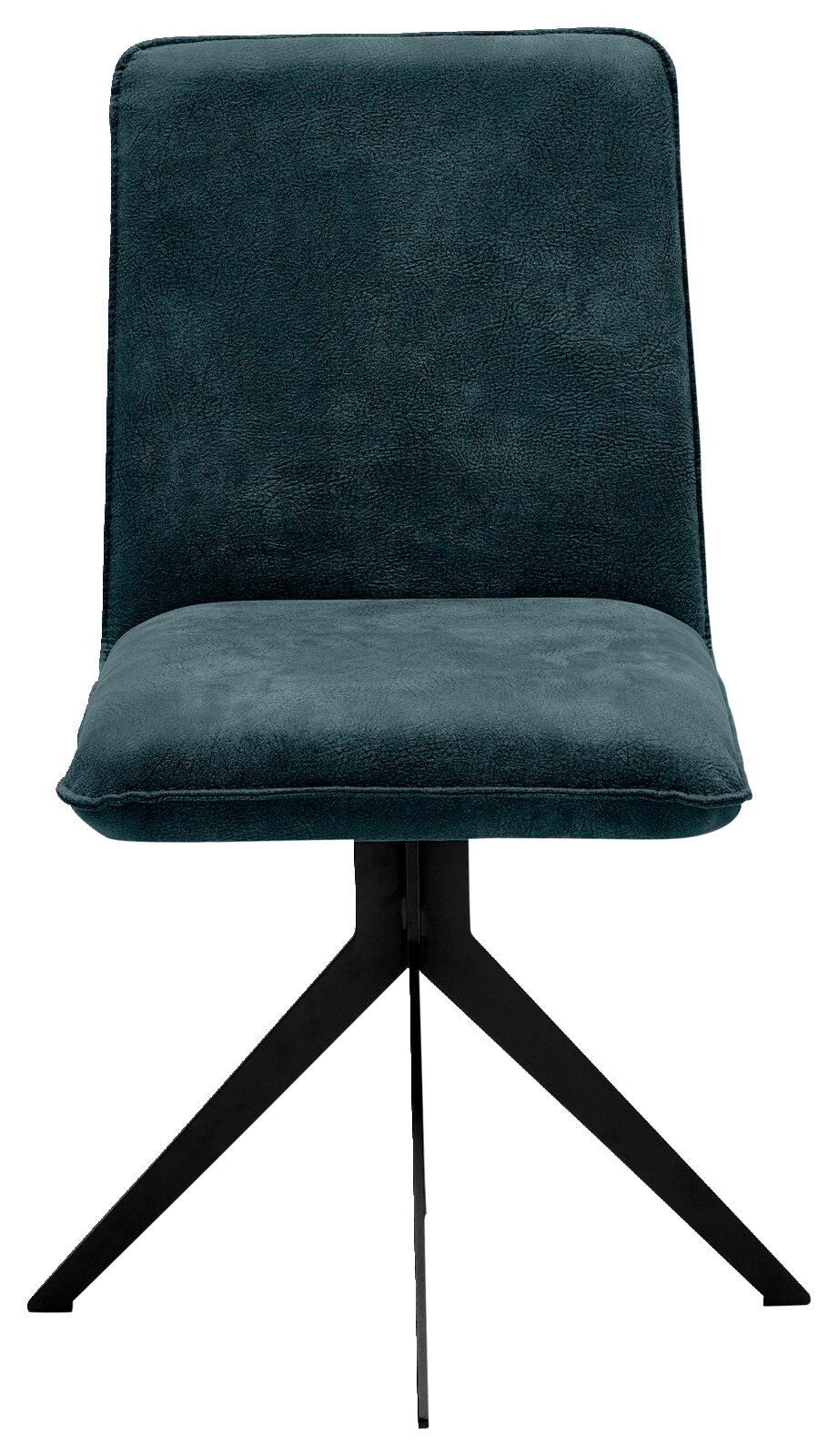 Moderne stoel met donkergroene bekleding en een zwart metalen frame, vooraanzicht