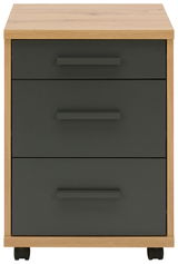 Rollcontainer mit drei Schubladen in dunklem Grau und Holzoptik, frontal betrachtet.