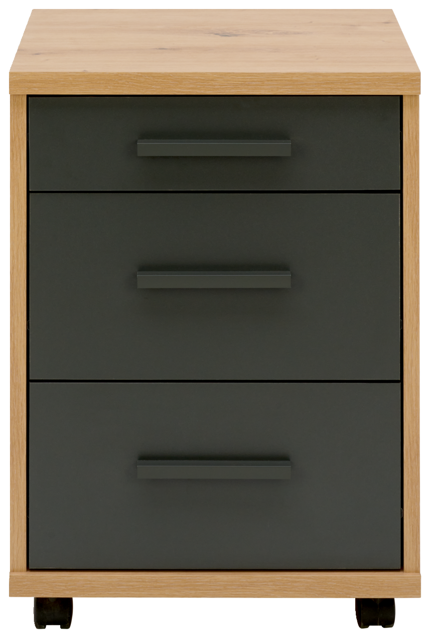 Rollcontainer mit drei Schubladen in dunklem Grau und Holzoptik, frontal betrachtet.