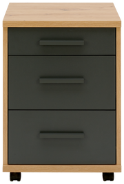 Rollcontainer mit drei Schubladen in dunklem Grau und Holzoptik, frontal betrachtet.