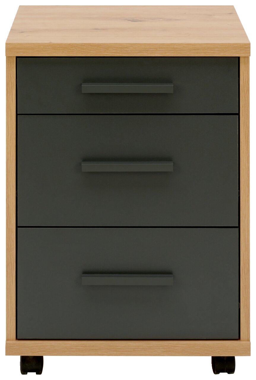 Rollcontainer mit drei Schubladen in dunklem Grau und Holzoptik, frontal betrachtet.