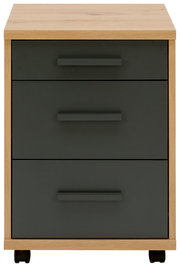 Rollcontainer mit drei Schubladen in dunklem Grau und Holzoptik, frontal betrachtet.