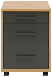 Rollcontainer mit drei Schubladen in dunklem Grau und Holzoptik, frontal betrachtet.