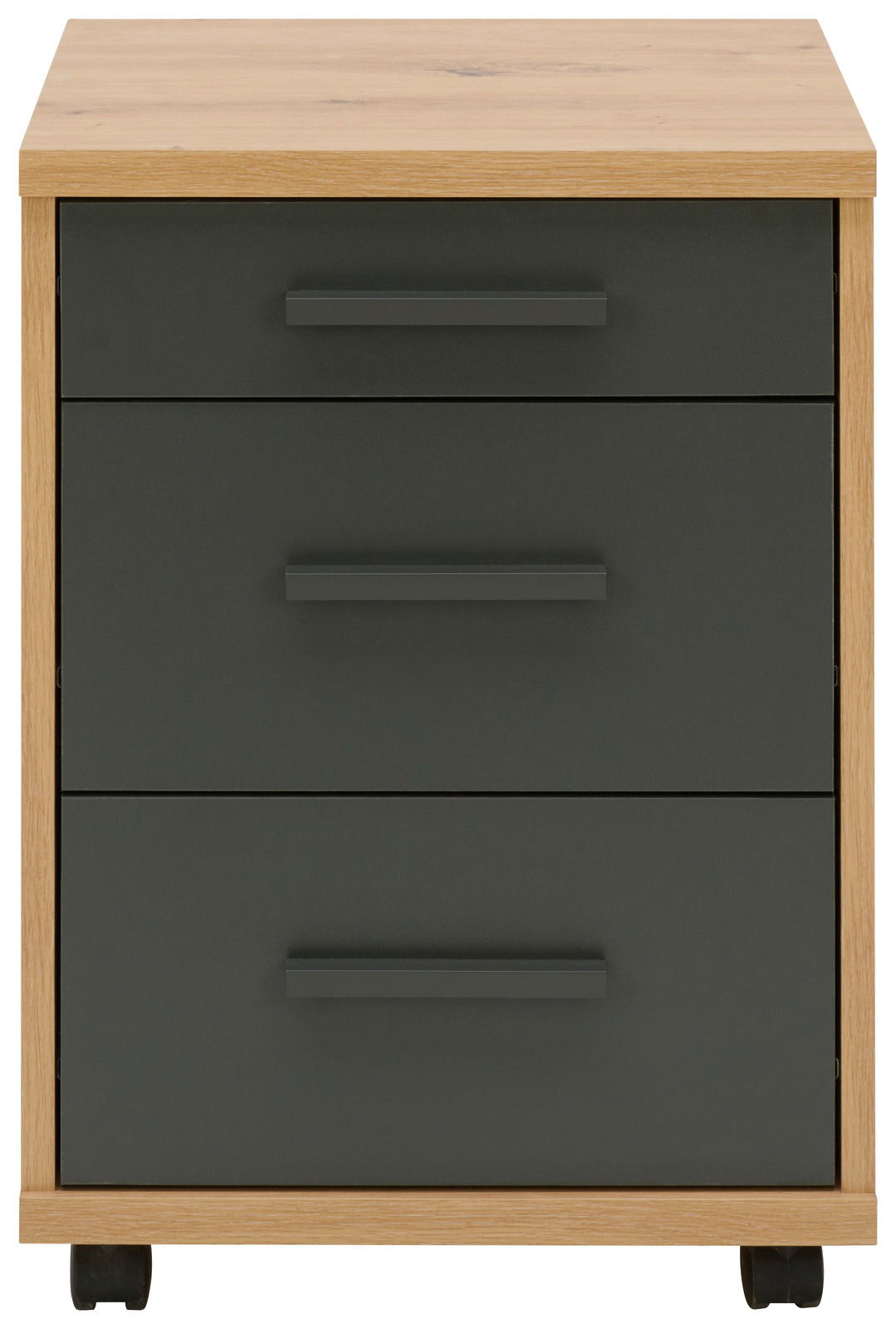 Rollcontainer mit drei Schubladen in dunklem Grau und Holzoptik, frontal betrachtet.