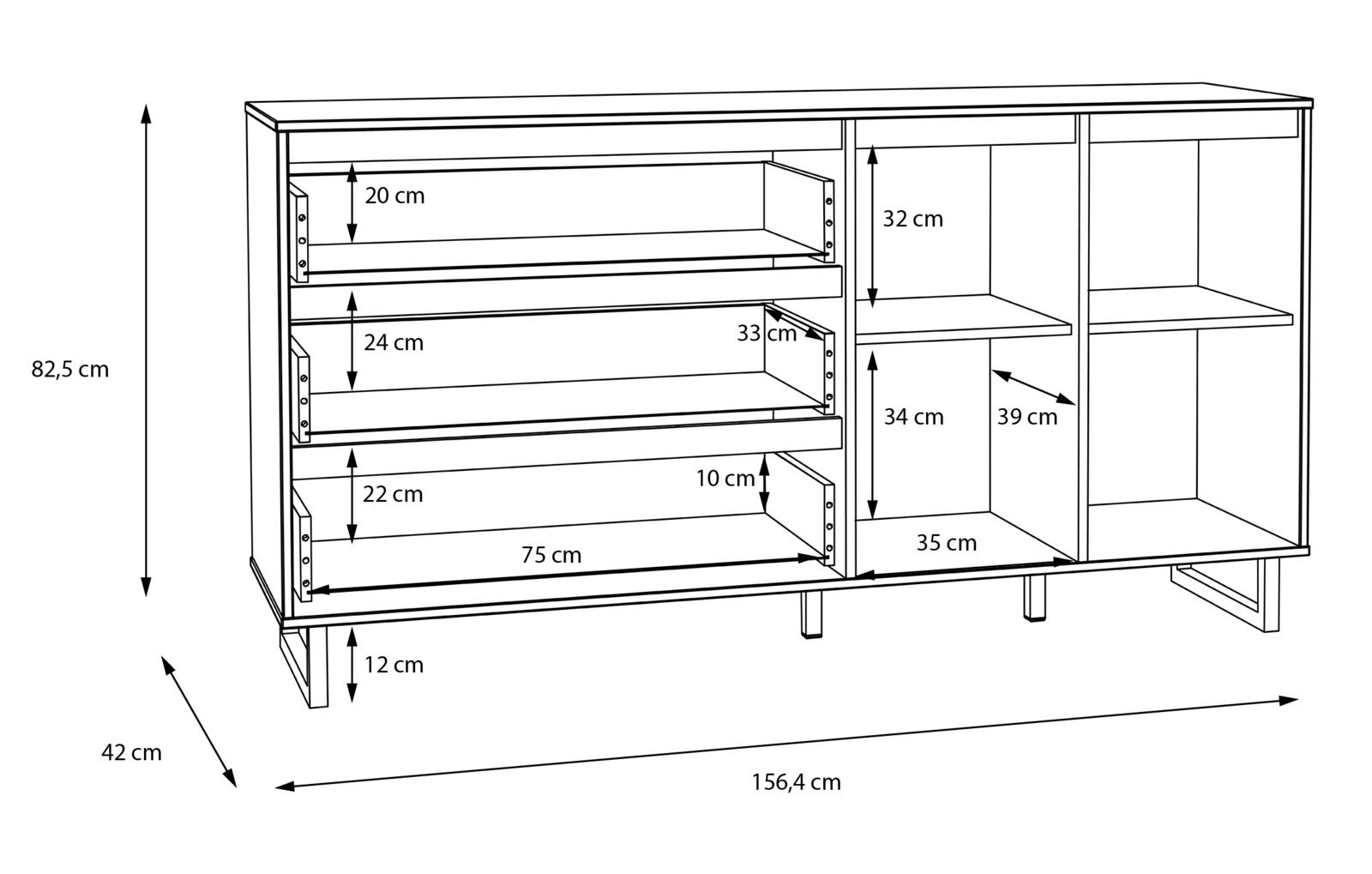 Technische Zeichnung eines Sideboards mit den Maßen 156,4 cm Breite, 82,5 cm Höhe und 42 cm Tiefe, seitliche Perspektive.