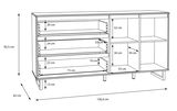 Technische Zeichnung eines Sideboards mit den Maßen 156,4 cm Breite, 82,5 cm Höhe und 42 cm Tiefe, seitliche Perspektive.