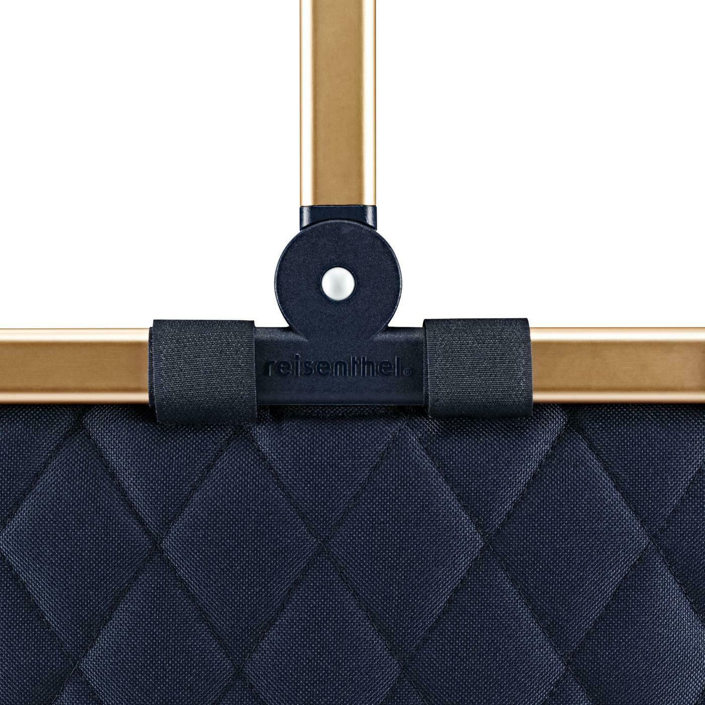 Nahaufnahme eines dunkelblauen, gesteppten Carrybag-Rahmens mit goldfarbenen Griffen, von vorne betrachtet.