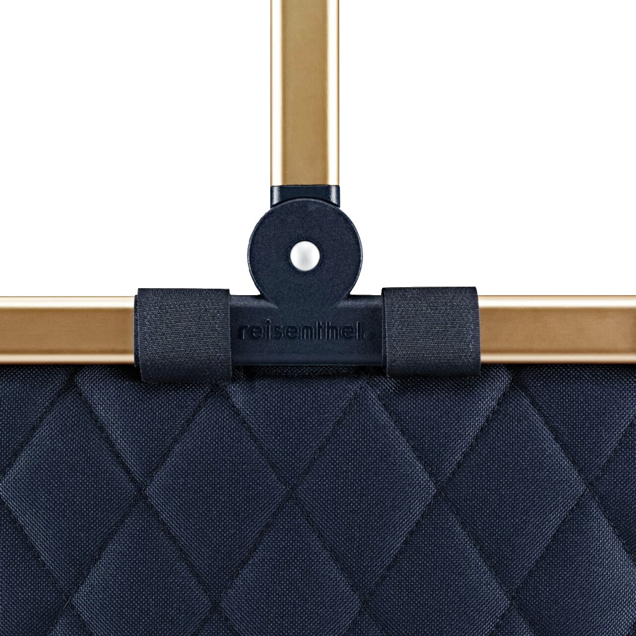 Close-up van een donkerblauw, gewatteerd Carrybag-frame met goudkleurige handvatten, gezien vanaf de voorkant.