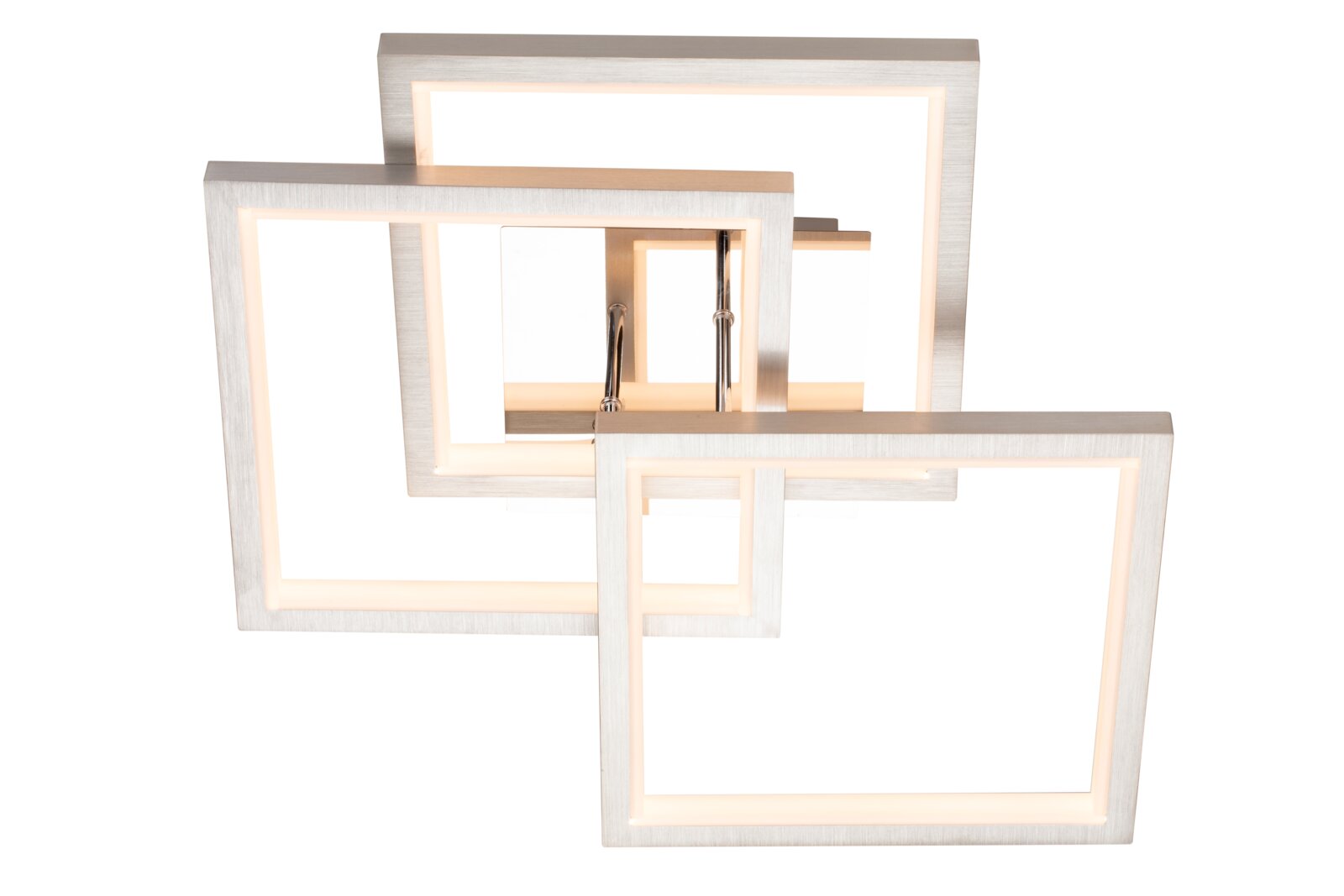 Moderne led-plafondlamp met een geometrisch ontwerp van in elkaar verweven vierkanten, gezien vanaf de zijkant.