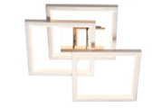Moderne led-plafondlamp met een geometrisch ontwerp van in elkaar verweven vierkanten, gezien vanaf de zijkant.